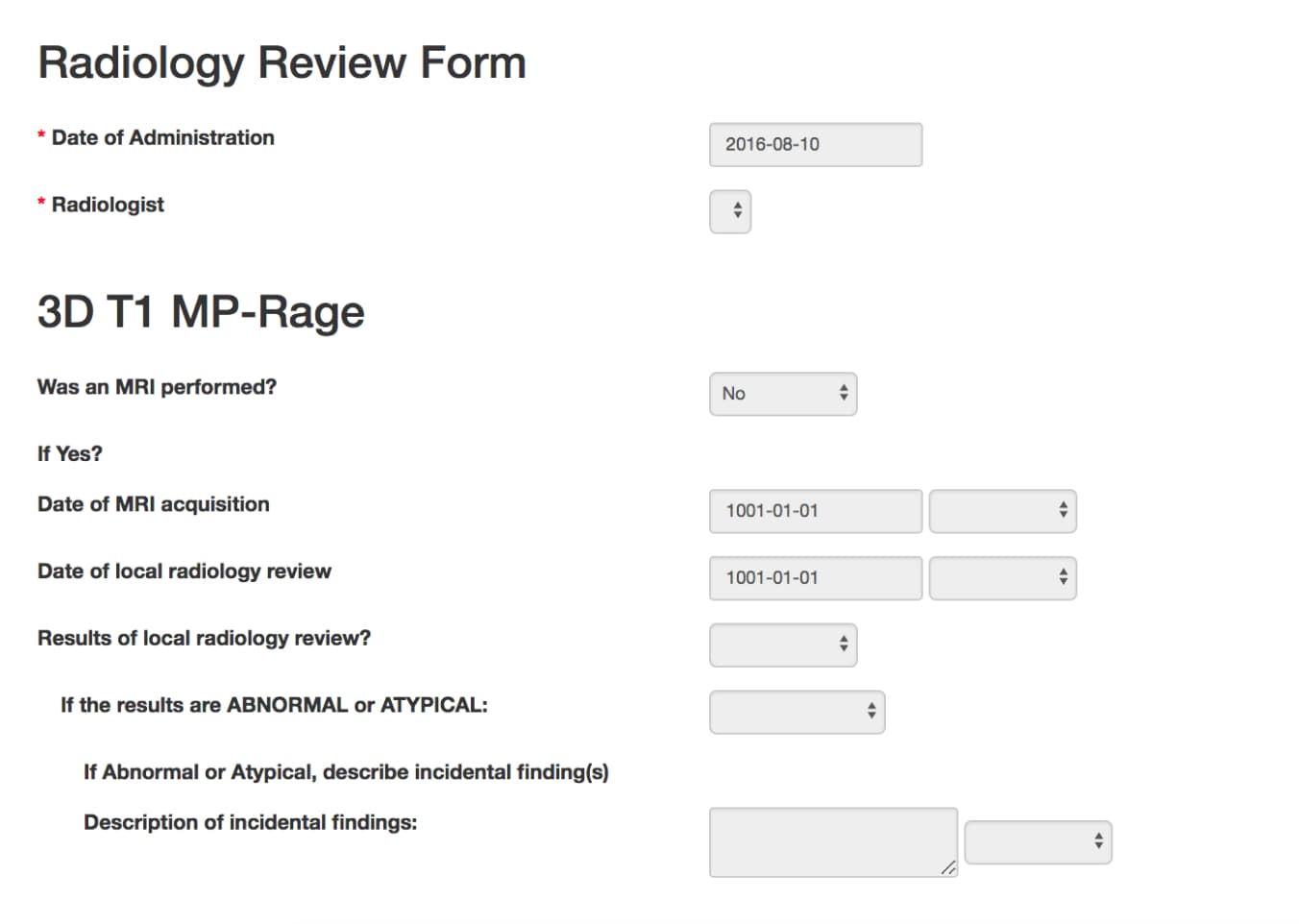 radiology review form with input labels aligned